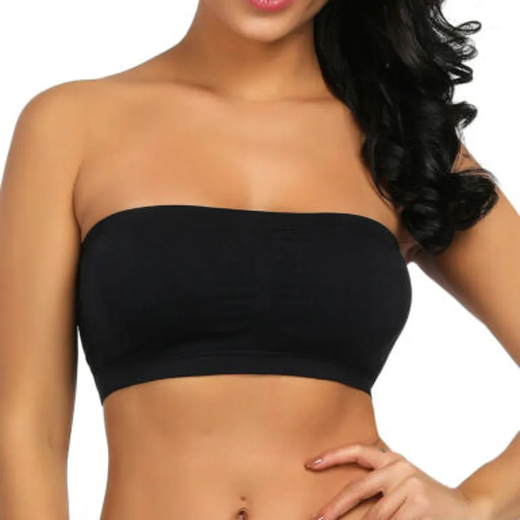 Women Plus Size Double Strapless Bra Bandeau Tube Removable Padded Top Stretchy Crop Spaghetti Strap Seamless Bandeau Boob Crop