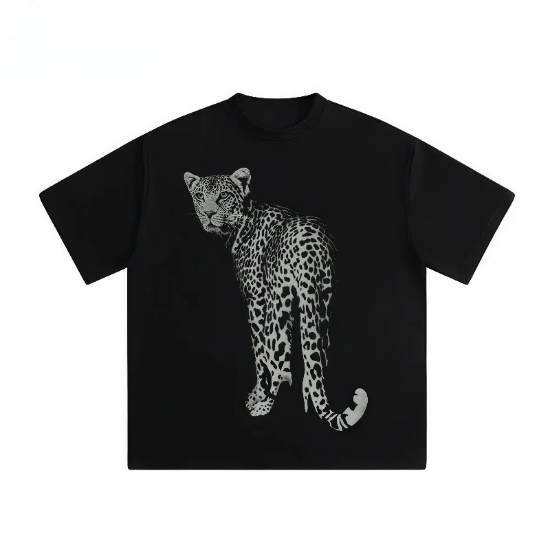 

Летняя футболка премиум-класса в европейском стиле 2025 года с коротким рукавом и круглым вырезом, повседневный топ с леопардовым принтом и рисунком