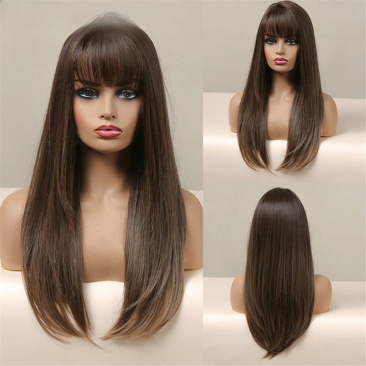 

Long Natural Straight Straight Wigs Ash Brown Blonde With Bangs Daily Party Use
