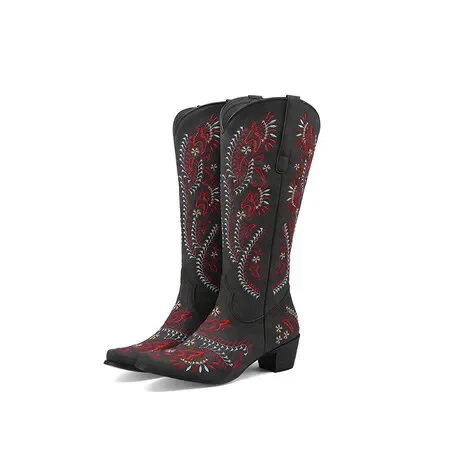 Embroidered Cowboy Boots for Women Pointy Toe Square Heeled Knee-high Western Cowgirl Boots Women Shoes 2024