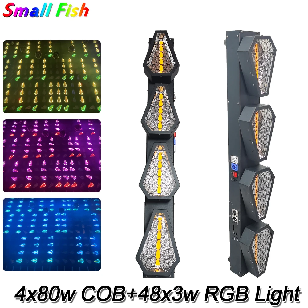 새로운 LED Cob RGB 보조 조명, 4 헤드 무한 회전 DMX 34CH 음악 클럽 제어 웨딩 스트로브 무대 조명, 4x80w, 48x3w