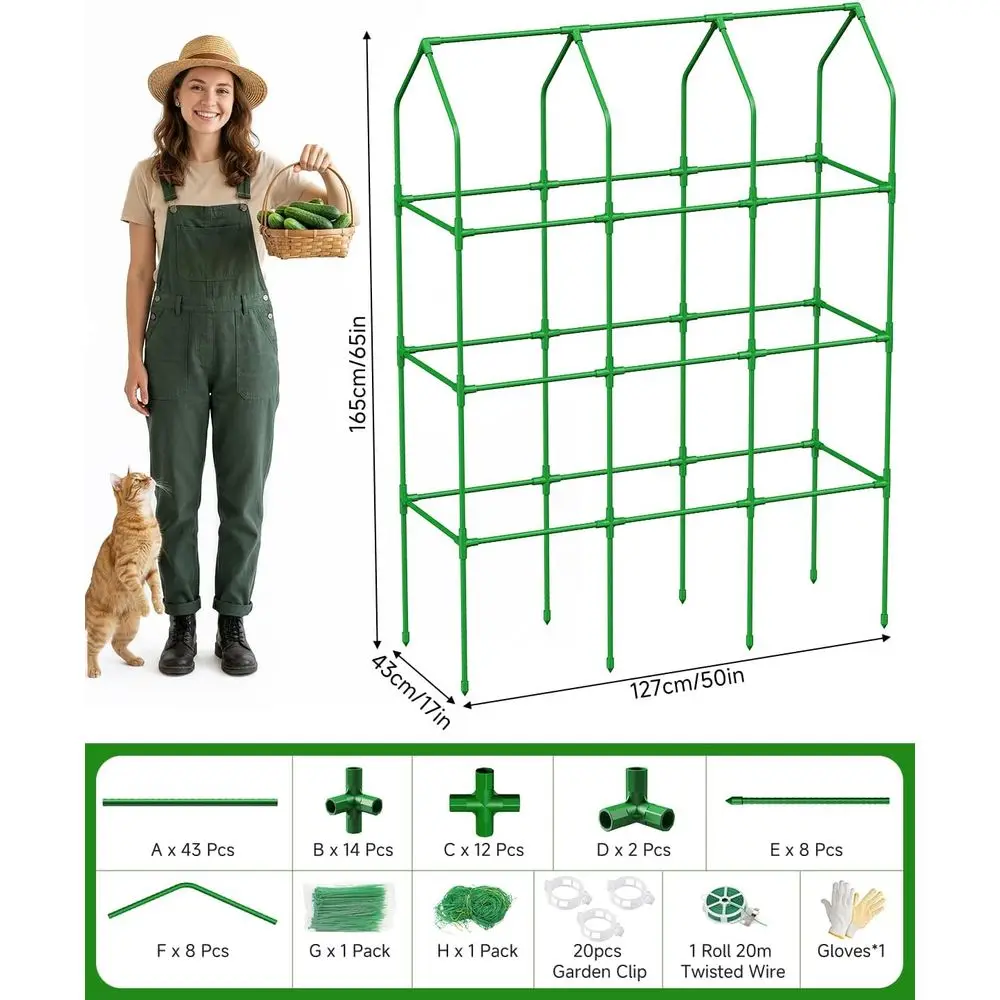 Outdoor Metal Garden Trellis, 50x17x65 Inches, for Cucumbers, Tomatoes, Beans, and Peas with Netting Support