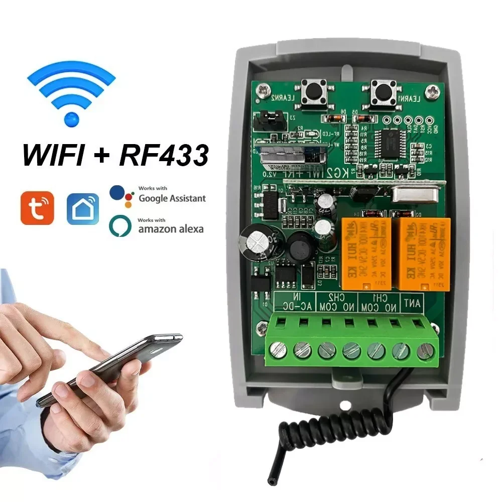 Universal Tuya WIFI 433.92MHz Garage Door Opener Door Receiver 2ch Fixed Rolling Code, Smart Life Google Voice