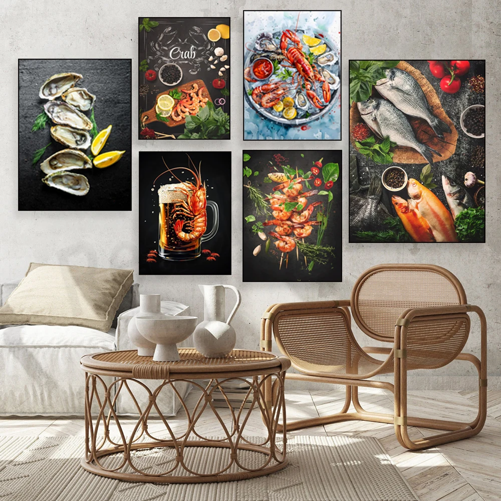 Shrimp, shrimp beer, iced lemon fresh shrimp, black shrimp fish, lemon fresh oysters, salmon, restaurant decoration poster