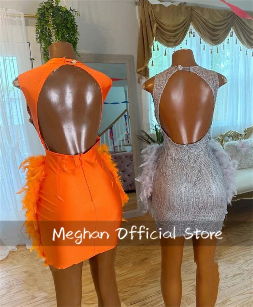 Orange O Neck Short Prom Dress For Black Girl Bead Crystal 2024 Birthday Luxury Dress Feathers Mini Cocktail Backless Customized