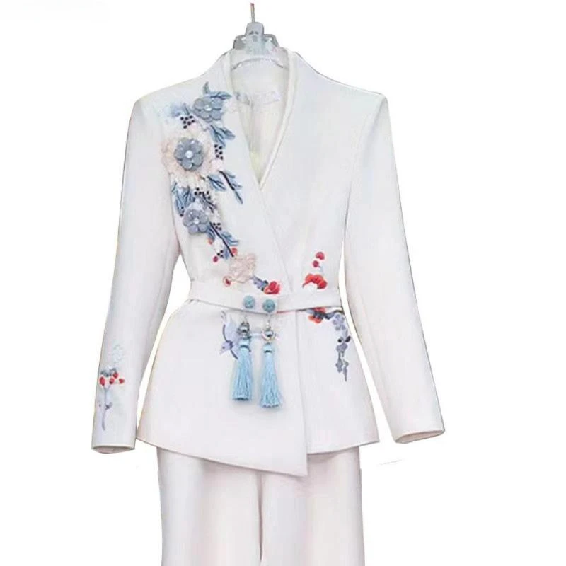 

New 2024 Chinese Style White Blazer For Women Design Solid Medium Long Coat Office Female Overcoat Spring Autumn Blazers Ladies