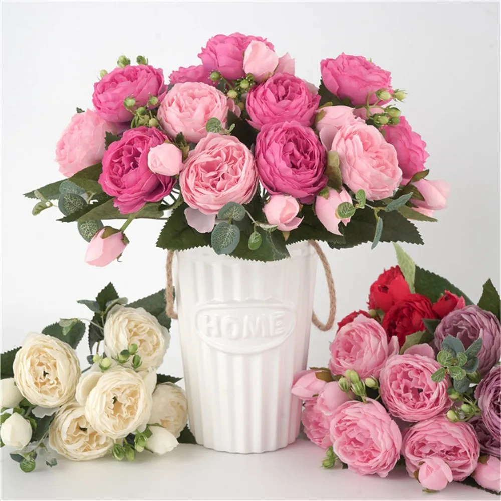 30 cm gefälschte Rosen, Seidenpfingstrosen, künstliche Blumen, günstige Neujahrsfest-Dekorationen, Vase für Zuhause, Hochzeit, Brautstrauß im Innenbereich