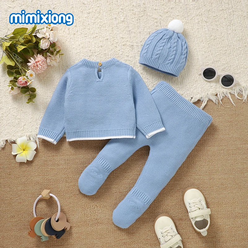 طفل الفتيان الملابس مجموعات الأزرق شتاء دافئ محبوك الوليد الرضع سترة البلوز القمم + السراويل + القبعات الدعاوى 3 قطعة 0-1Y ملابس أطفال #2