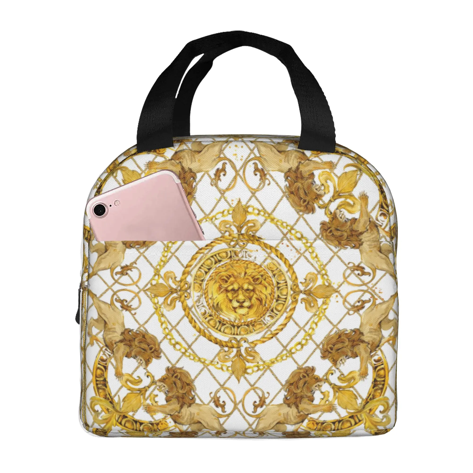 Luxury Golden Lion European Floral Lunch Bag Women  Warm Cooler Insulated Lunch Box for Adult Office