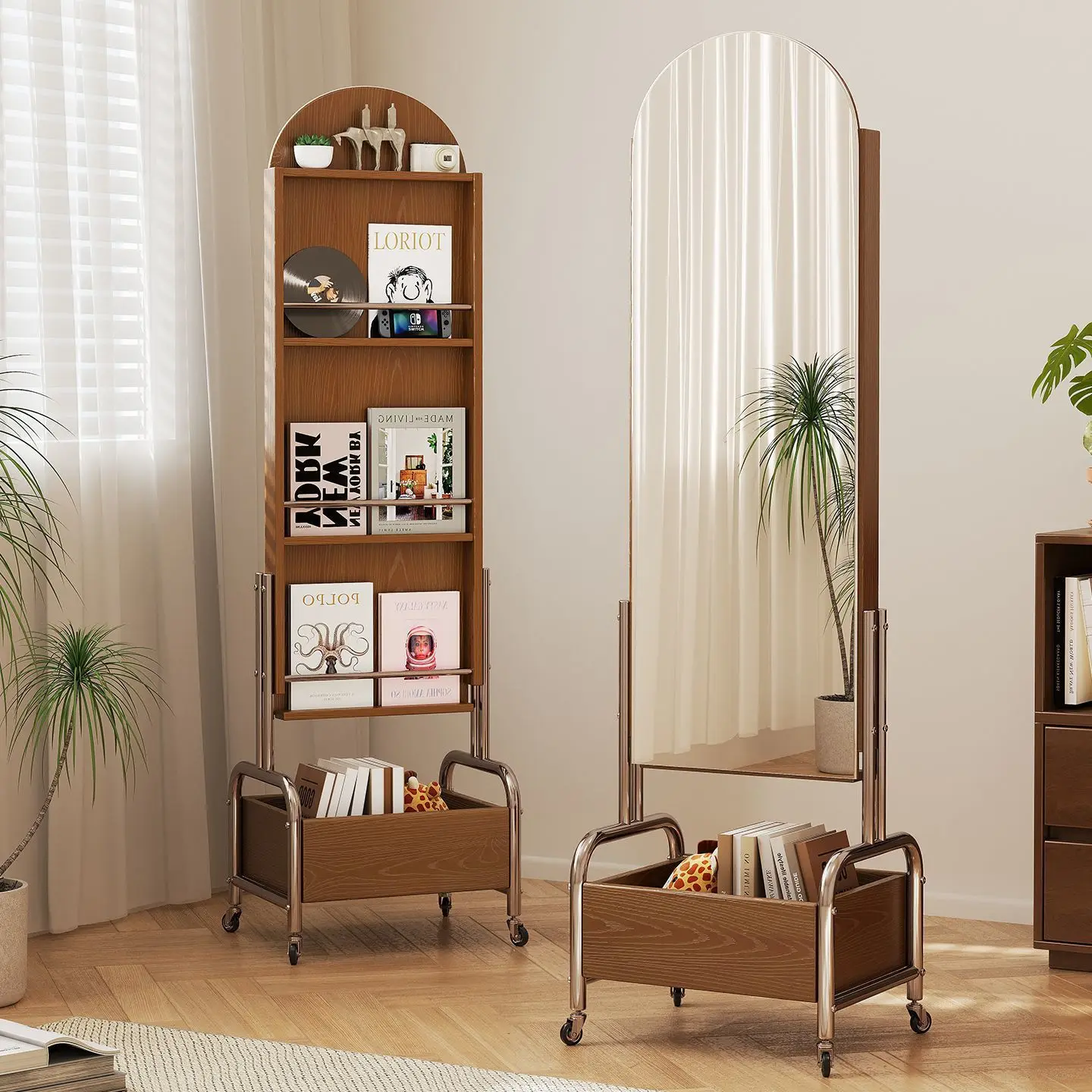 Movable Full Body Floor Mirror Rotating Full Length Mirror with Antique Magazine Rack Integrated Living Room Fitting Mirror