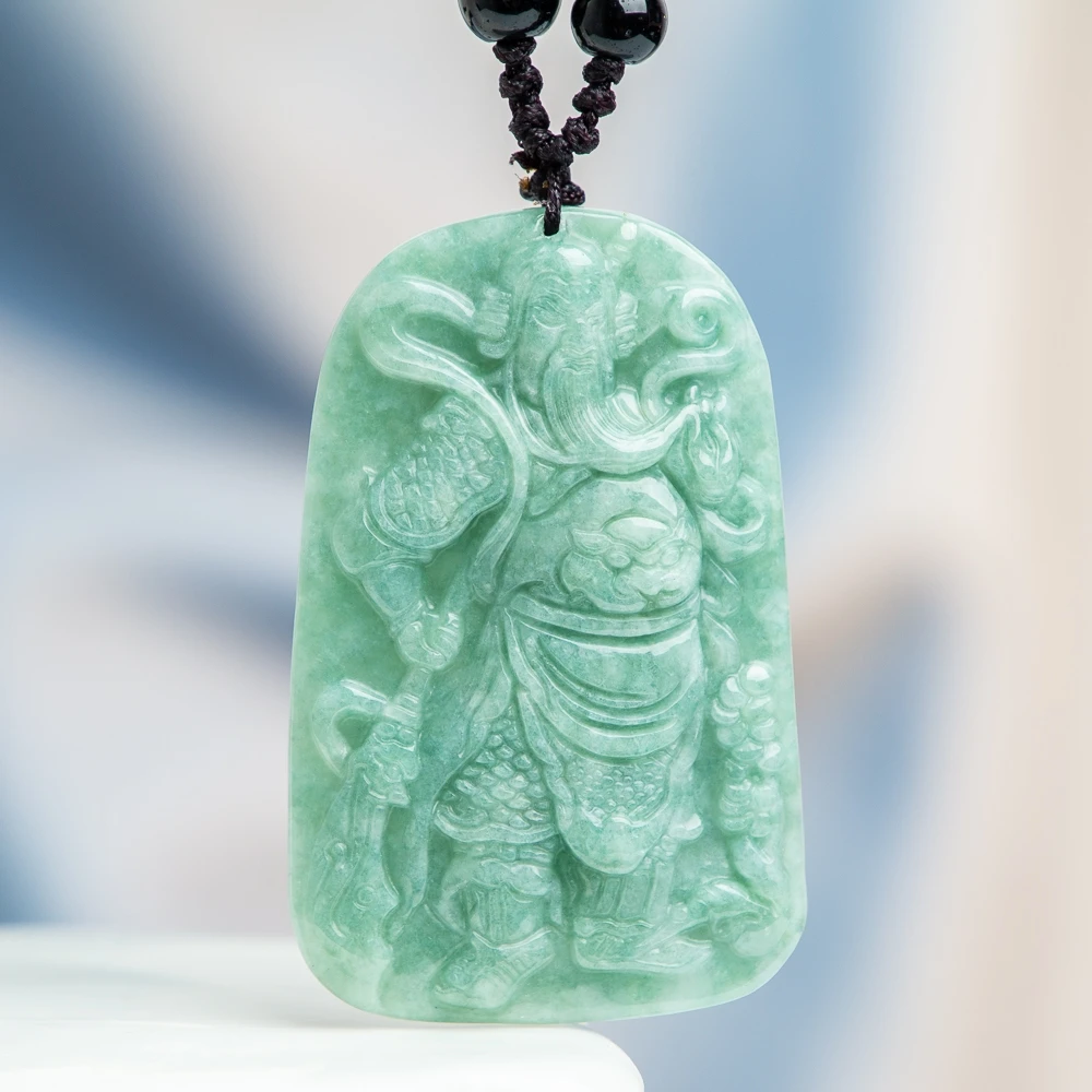 

TIMESWIND Green Natural Myanmar A-type Jade Guan Gong Carved Square Pendant Men Necklace with Certificate