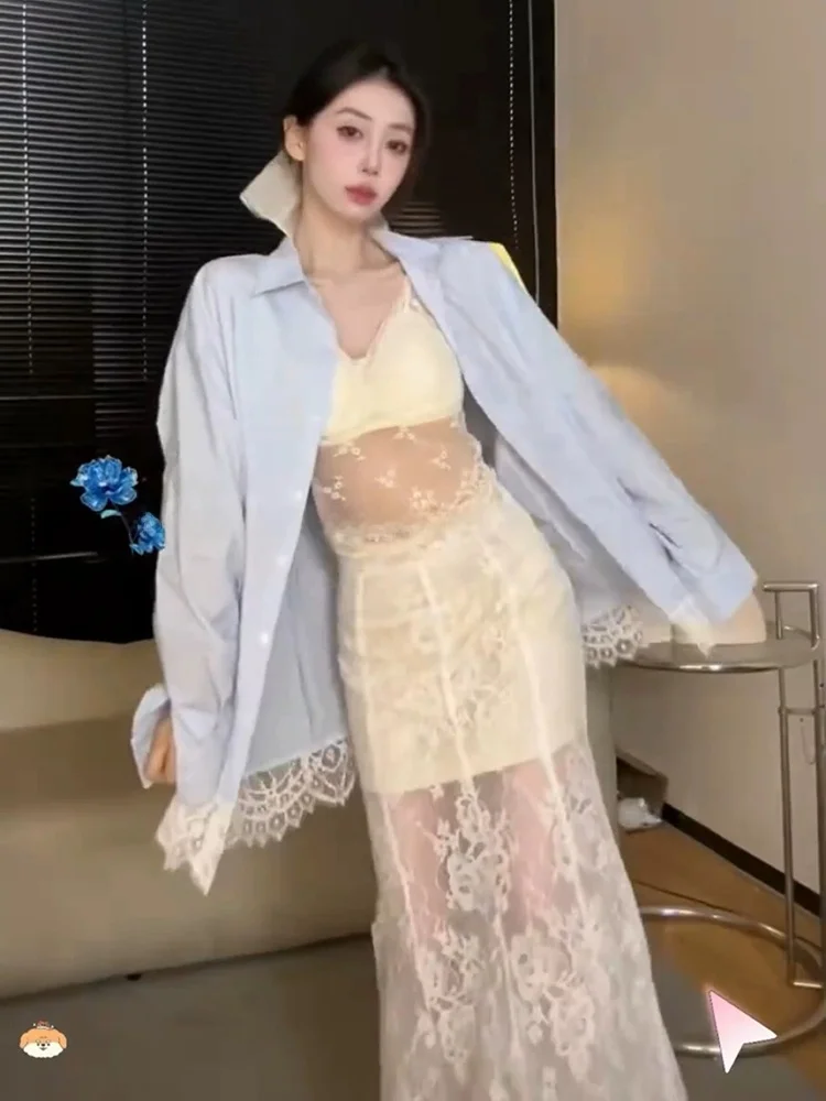 Vacation Style Long Sleeve Lace Shirt Half Skirt Beautiful Back Three Piece Set Spring Summer New Arrival Lazy Style Women's ...