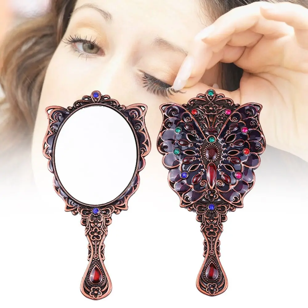 

Peacock Open Screen Retro Small Mirror with Metal Handle Handheld Makeup Mirrors Comb Set Vintage Portable