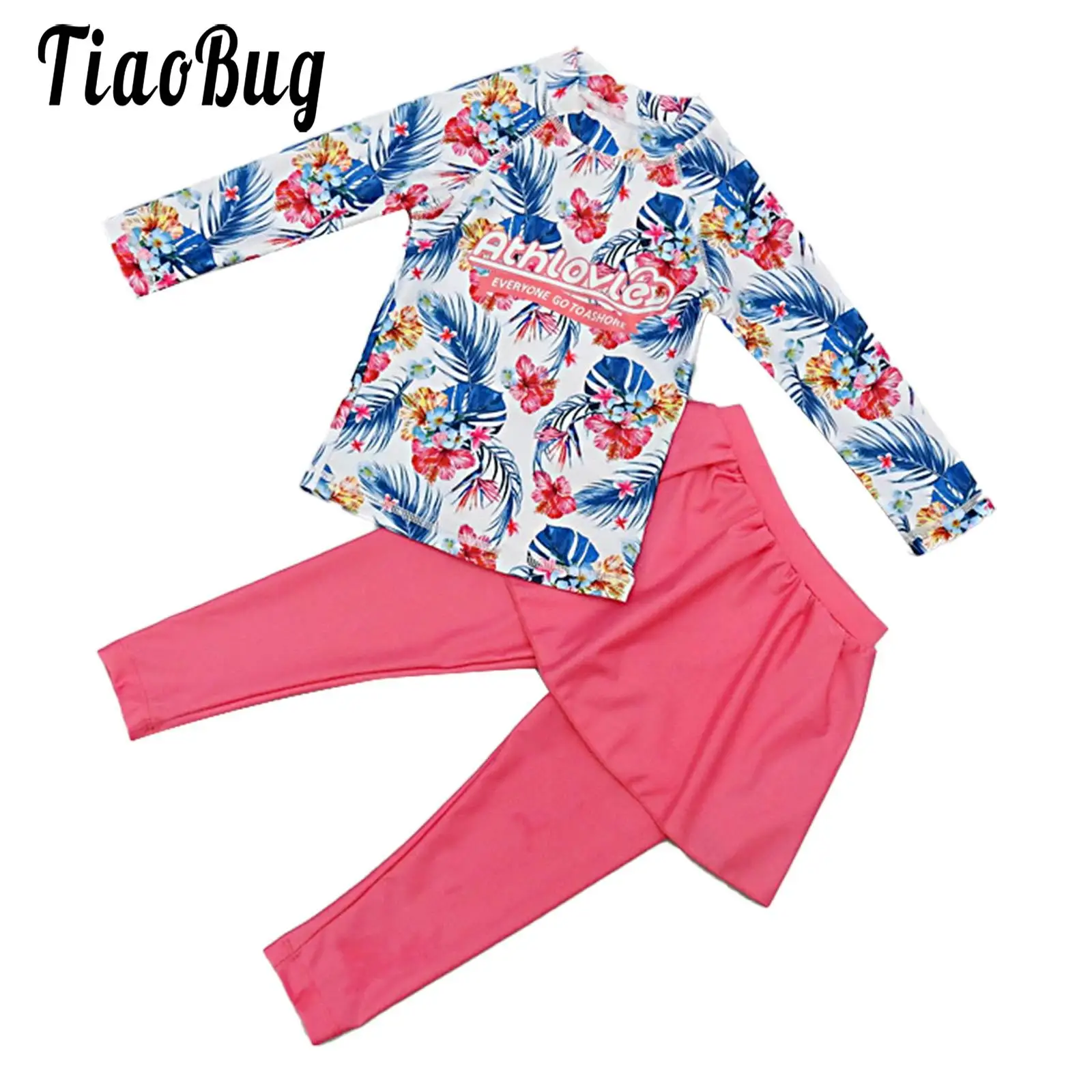 

Girls Swimsuit Floral Print Summer Bathingsuit 2 Pieces Long Sleeve Shirts Skirt Attached Legging Pants Rashguard Swimming Sport