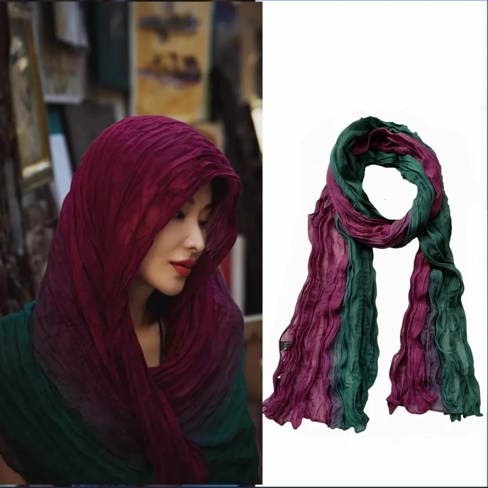 Quente vintage gradiente cachecol versátil estilo wasteland longo xale plissado leve respirável envoltório hijab para outono inverno