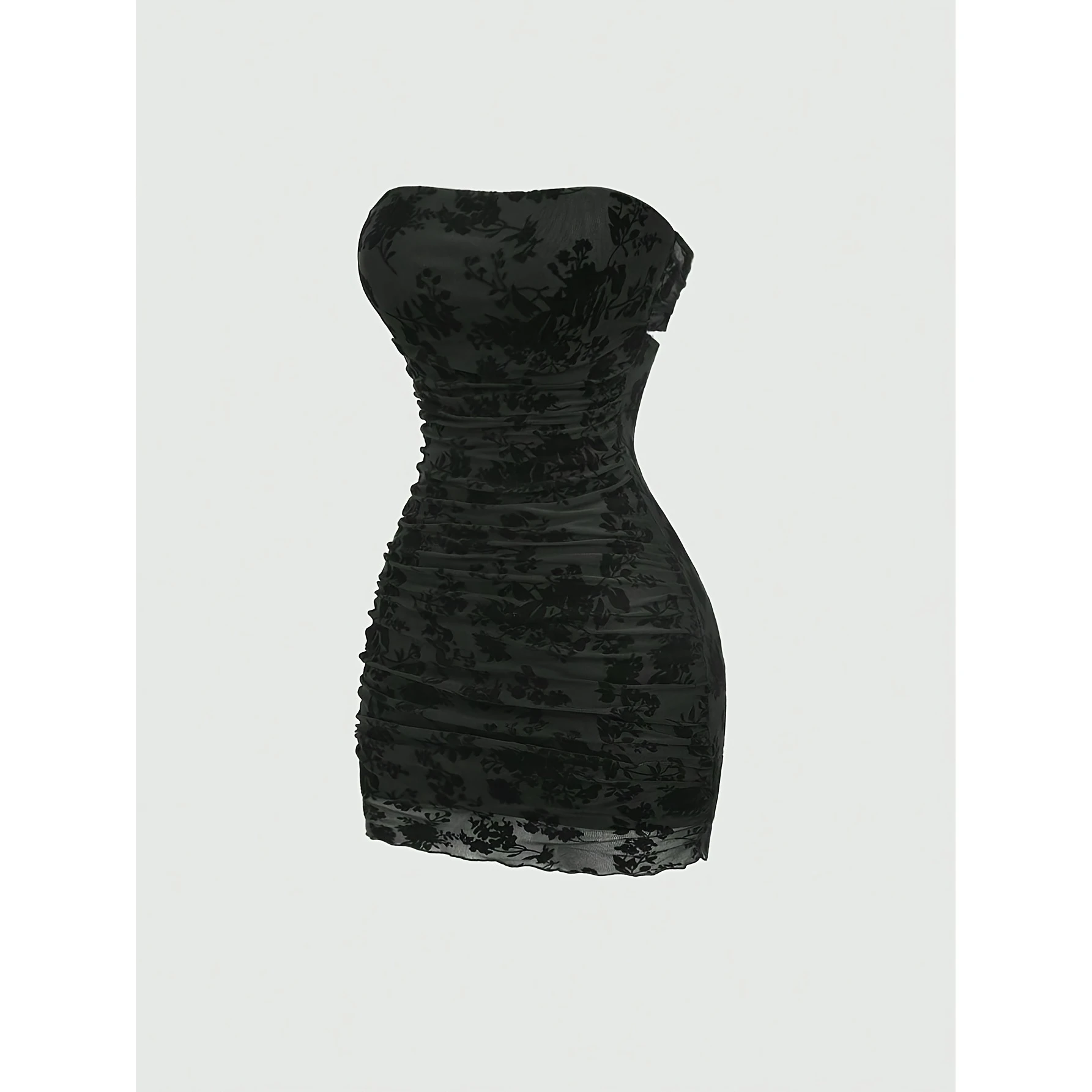Sexy  Wrap Dress with Flocking Mesh See-through Design Slimming Waist Control Breathable Hollow out Evening Gown