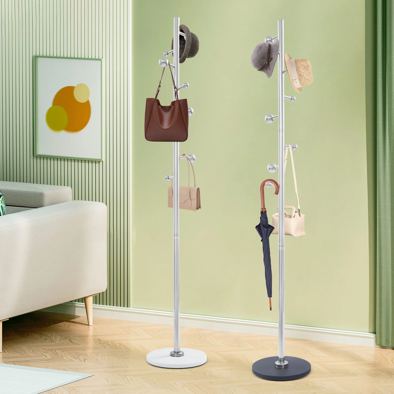 

Stainless Steel Floor Coat Rack with Thickened White/Black Rock Slab Base - Heavy Duty Freestanding Hanger for Home & Entryway