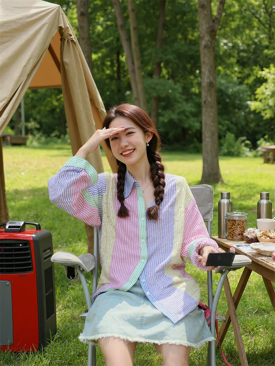 قميص نسائي صيفي بأكمام طويلة مرقع بياقة دائرية وزر أمامي بسيط أساسي وبسيط وبلوزات غير رسمية على الموضة #6