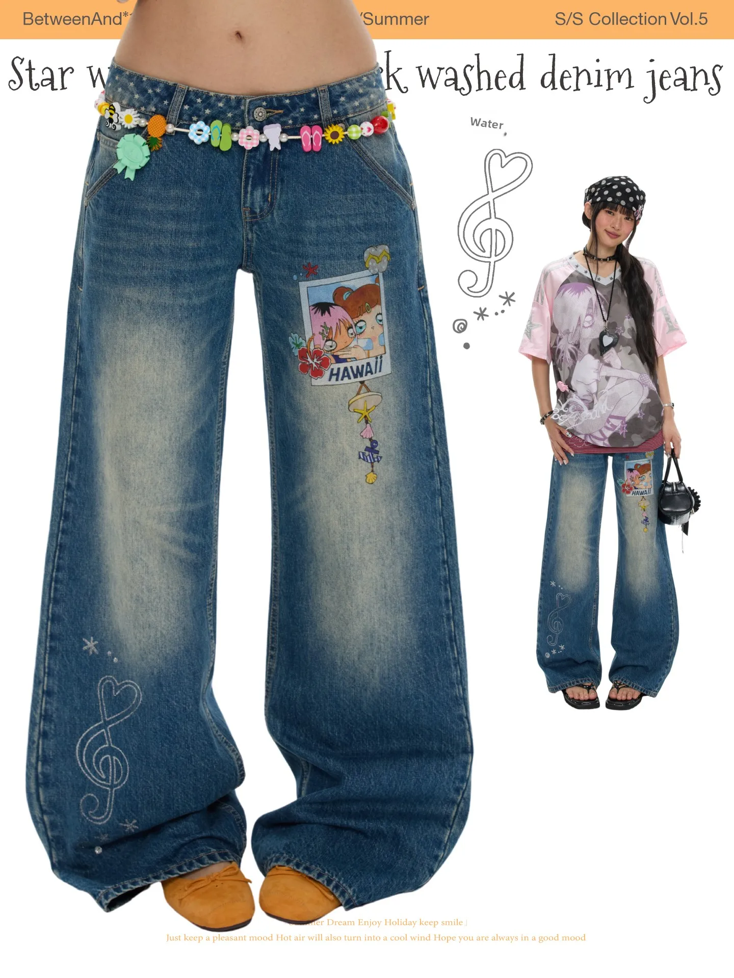 BENANDx Summer Polka Dot Splicing Washed Denim Pants Vintage Slim Fit Natural Waist Polyester Fabric Button Closure Loose Fit