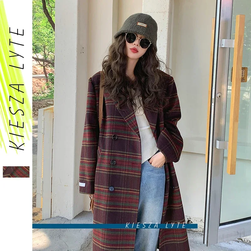 

Vintage Red Plaid Woolen Coat Red Check 2024 New Winter Women's Mid Length Hepburn Style Woolen Overcoat