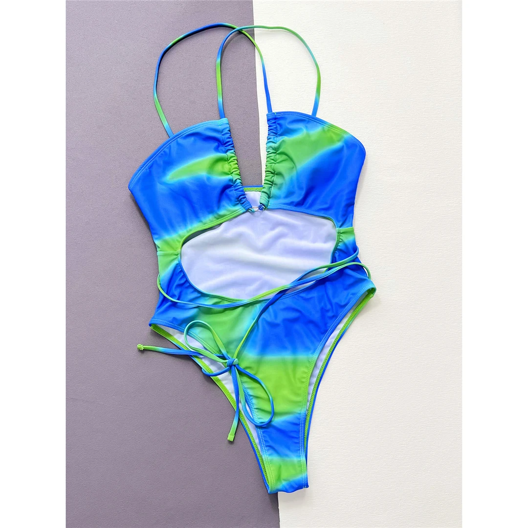 Tie-Dye-Neckholder-Badeanzug mit Wickeldesign und Cut-Outs, einteiliger Badeanzug für Damen, Monokini mit hohem Beinausschnitt, Badebekleidung, Badeanzug, Modell V5048 – Detail 9