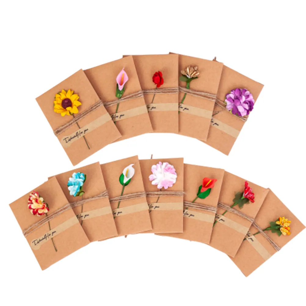 

12Pcs Dry Flower Greeting Card Set Mixed Floral Patterns Rose Sunflower Carnation Callalily Bead Flower for Wedding Party