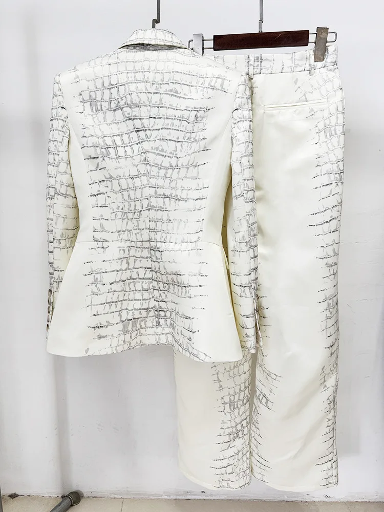 HIGH STREET Newest 2026 Designer Suit Set Women's Crocodile Skin Patterned LeatherBlazer Pants Set 2PCS