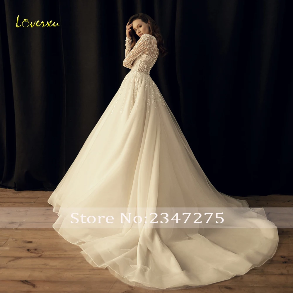 Loverxu Princess Wedding Dresses 2024 O-Neck Long Sleeve Robe De Mariee Lace Beaded Applique A-Line Court Train Vestido De Novia