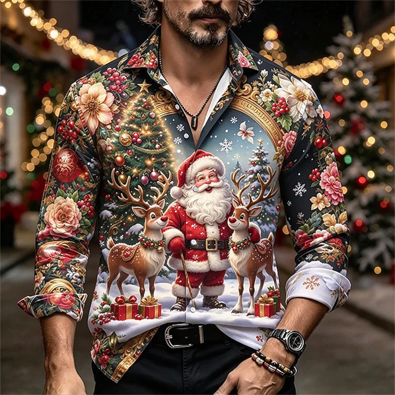 2026 New Men’s Long-Sleeve Christmas Shirt Vintage Floral Santa Claus Print Collared Button-Down Festive Party-Themed Top