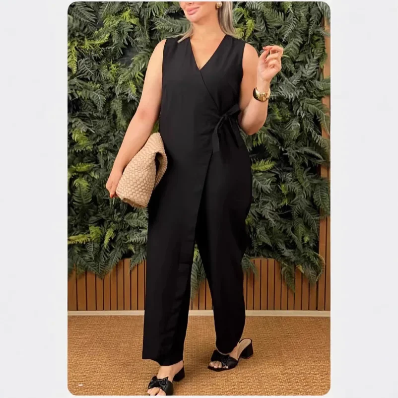 

Women Spring Summer Solid Jumpsuit High Waist Wide Leg Pants Sleeveless V Neck Office Lady Romper Casual Elegant Female Clothes