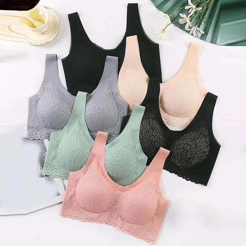 Women Brassiere Solid Color Wireless Padded Lady Bra Seamless Support Breast Lace Wide Shoulder Strap Sports Bra For Inner Wear