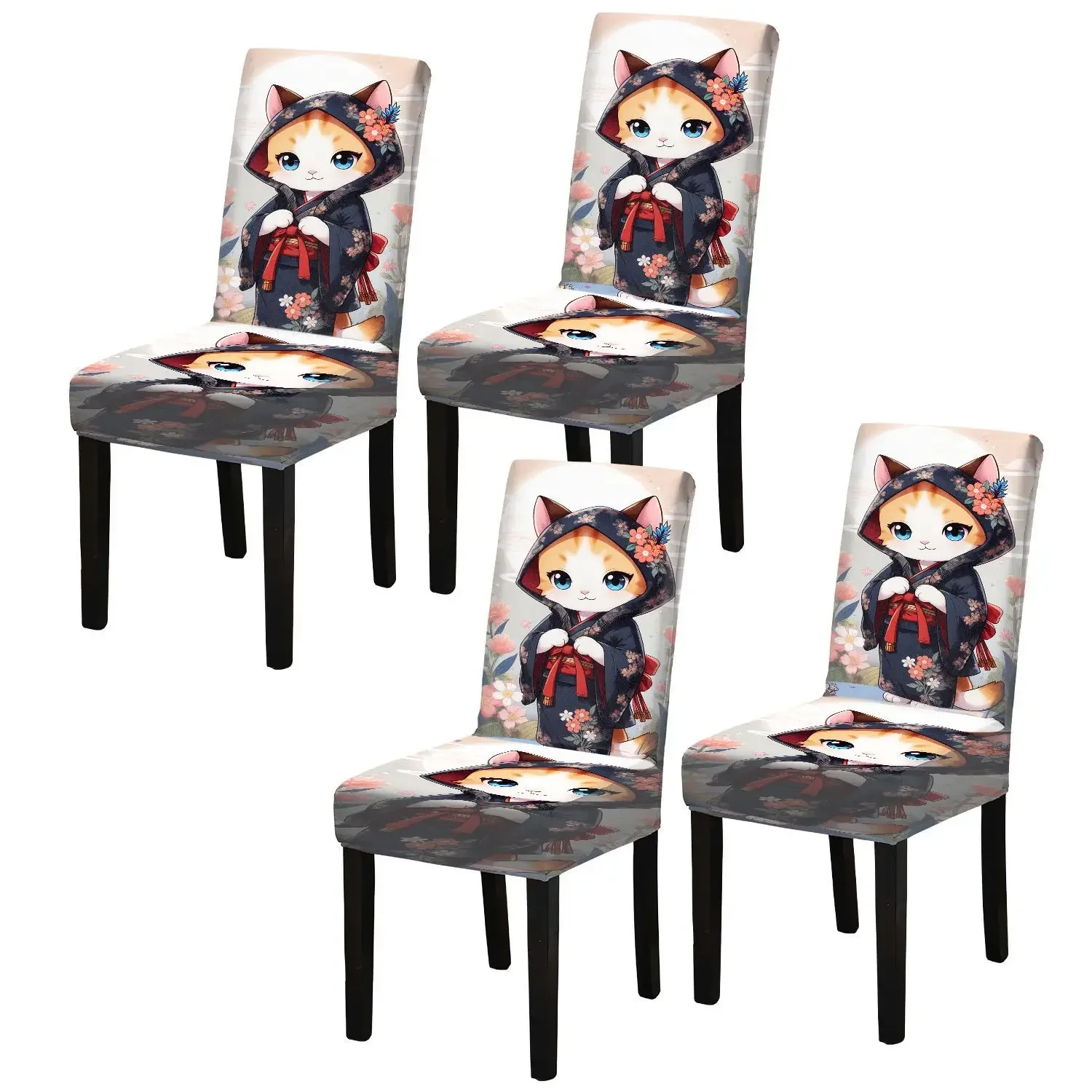Elastic dining chair cover Japanese cute cat character decoration removable, washable, home dining chair cover