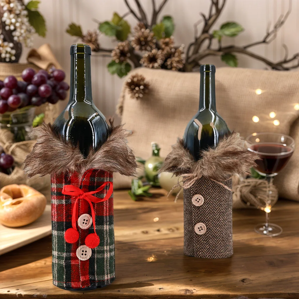 Christmas Wine Bottle Cover Bow Knot Fur Collar New Year Dinner Table Decor Champagne Bottle Sleeve Holiday Party Home Gift