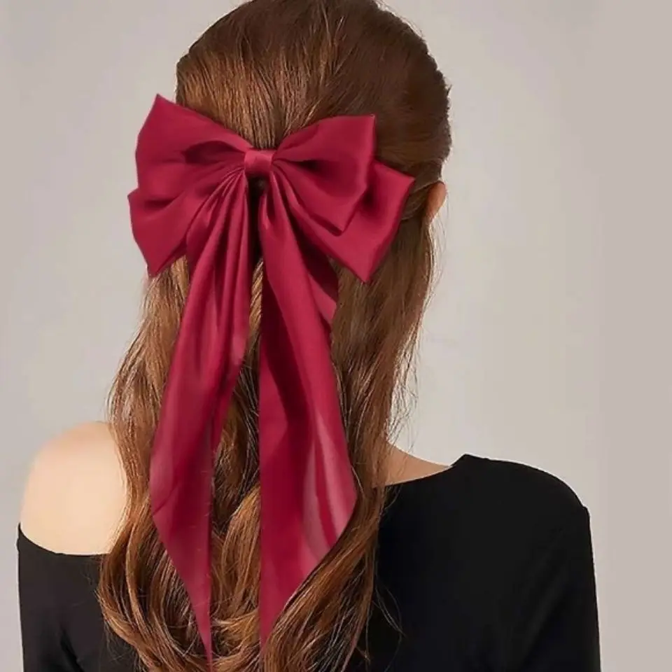 Satin large retro long streamer bow hairpin multi-color triangle scarf burgundy bow spring clip hair accessories