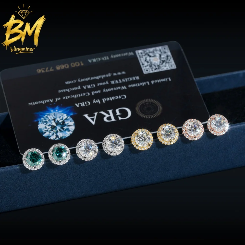 Blingminer 9mm Round VVS Moissanite Earrings For Men Women S925 Silver Ear Studs Jewelry Pass Diamonds Tester Free GRA Shipping