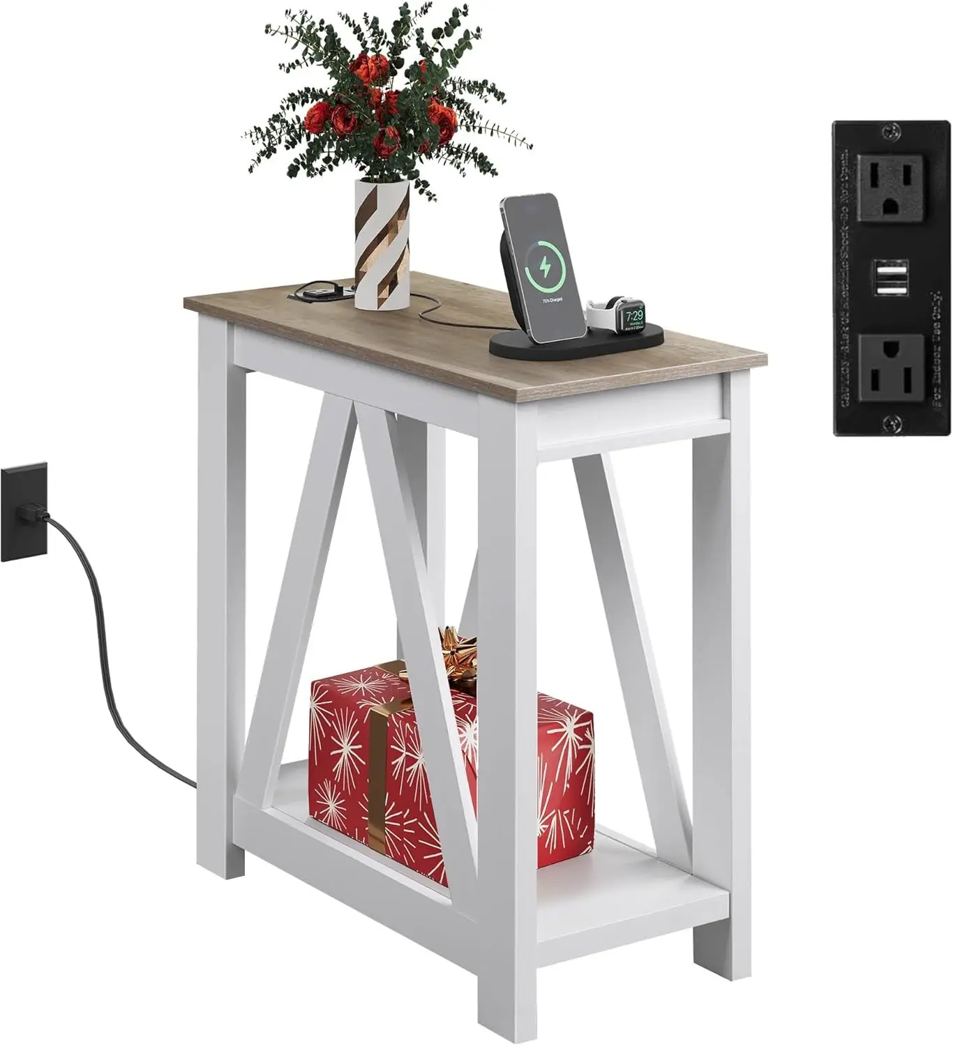 

Narrow End Table with Charging Station, Slim Side Table for Bedroom or Living Room, 2 USB Ports, 2 Outlets, 11.8' D x 23.6' W