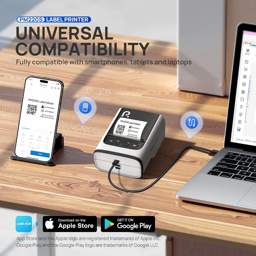 PM220S 라벨 프린터 테이프 포함 2인치 블루투스 열전사 라벨 프린터 휴대용 스티커 프린터 학교 사무실 가정 비즈니스용