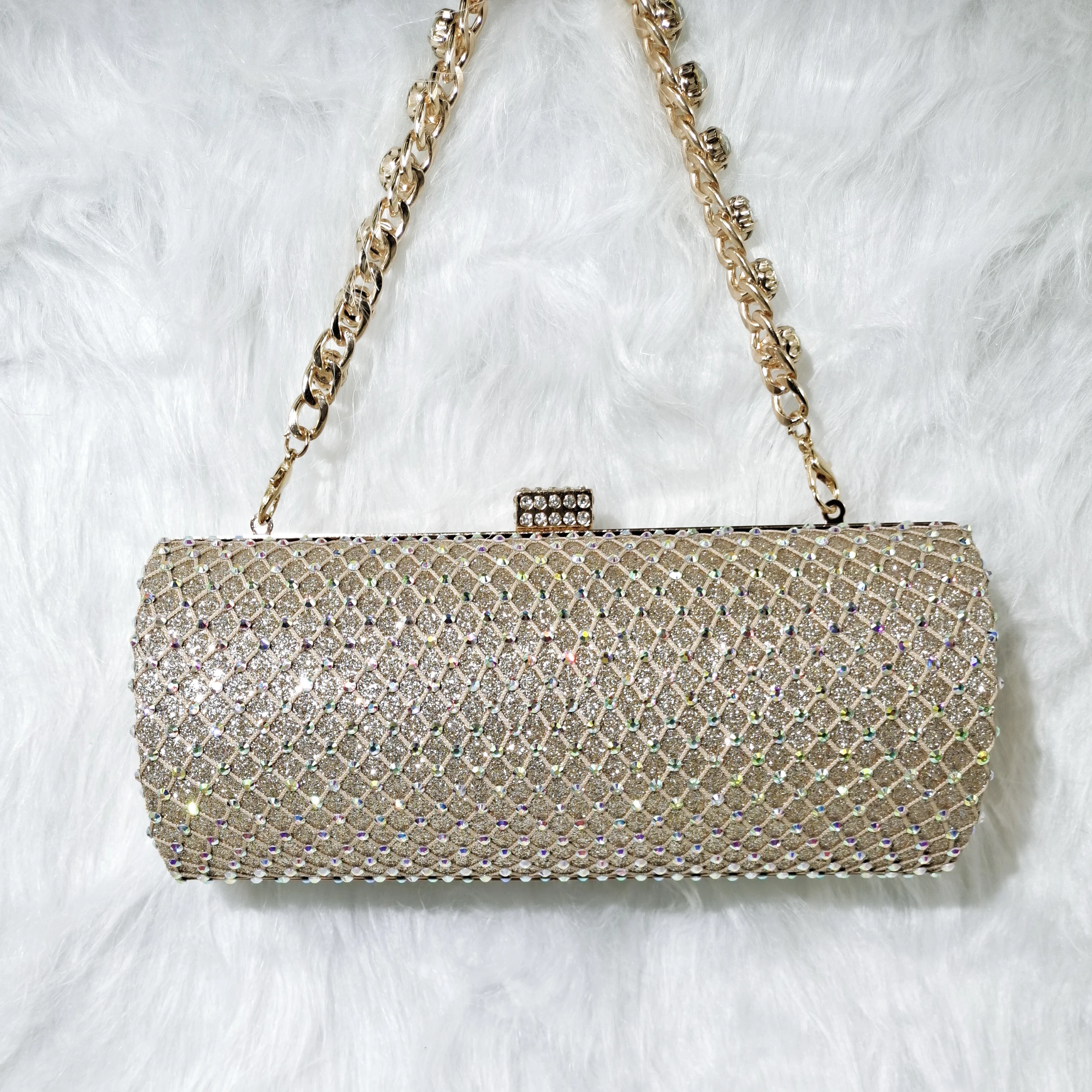 QSGFC Gold Color Crystal Mesh Round Hard Bag Evening Clutch Girly Fashion Small Bag Long Shoulder Strap Two-Way Bag