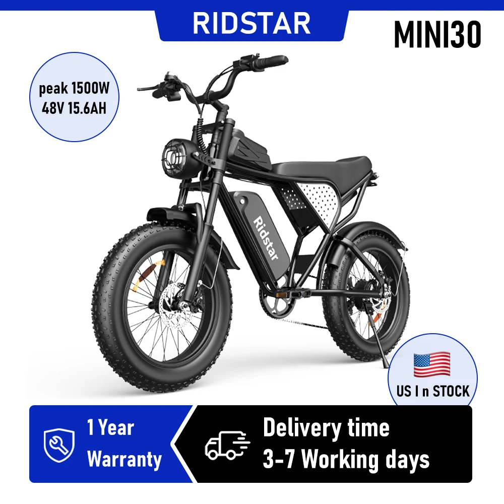 

Электровелосипед Ridstar MINI30 1500W для взрослых, аккумулятор 48V 15.6AH, скорость до 31 миль/ч, электрический велосипед с толстыми шинами 20x4 дюйма, горный велосипед