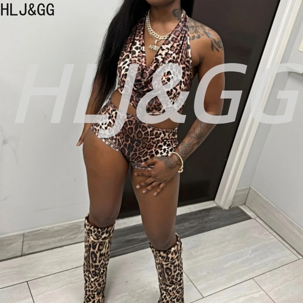 HLJ موضة ليوبارد طباعة الجوف عقدة ضمادة قطعة واحدة ثوب فضفاض للنساء الرسن العميق الخامس أكمام عارية الذراعين سليم بذلة الشارع الشهير #2