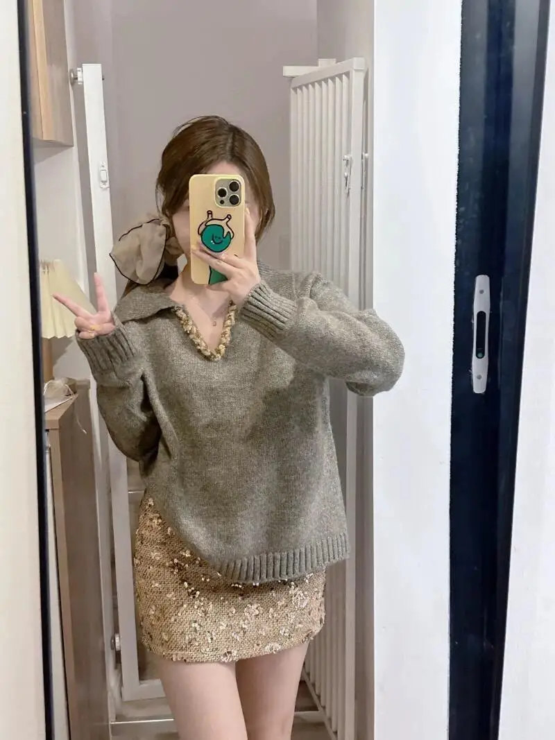 

Тяжелый вязаный свитер с длинным рукавом и V-образным вырезом для женщин, весна-осень, модный дизайн, повседневный, для работы, свободный крой, внутренний слой...