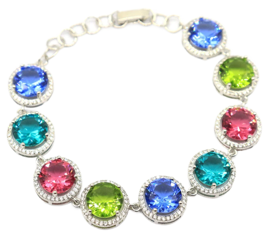 

14x14mm Multi Color 21g Peridot Tanzanite Aquamarine Pink Tourmaline CZ Women Wedding Gold Silver Bracelet 7-8.0inch