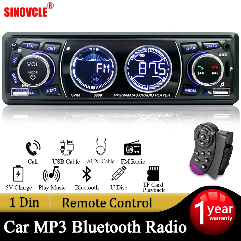 SINOVCLE 1 din Car Radio Multimedia Audio Bluetooth Stereo MP3 Player FM Receiver Phone Charging AUX/USB/TF Card In Dash Kit