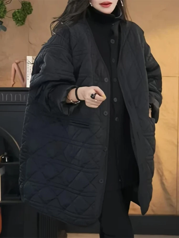 

Stylish Winter Thickened Cotton Jacket Women's Mid-Length Quilted Coat Bread Style Female Outerwear Korean Loose Fit Long Sleeve
