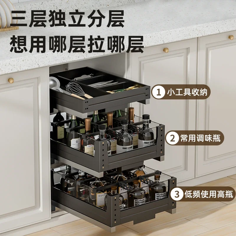 Seasoning Basket Kitchen Cabinet Double Drawer Kitchen Cabinet Seasoning  Stainless Steel Blue Shelf