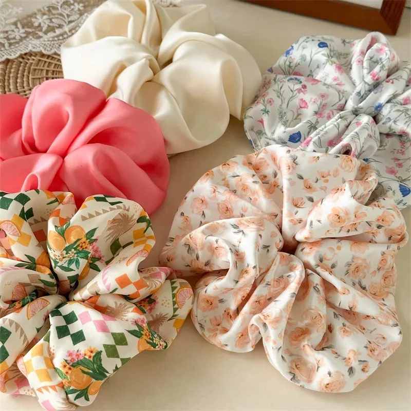 1PC Summer Oversized Tropical Flowers Hair Scrunchies For Women Bohemian Ponytail Bun Hair Rope Satin Elastic Bands