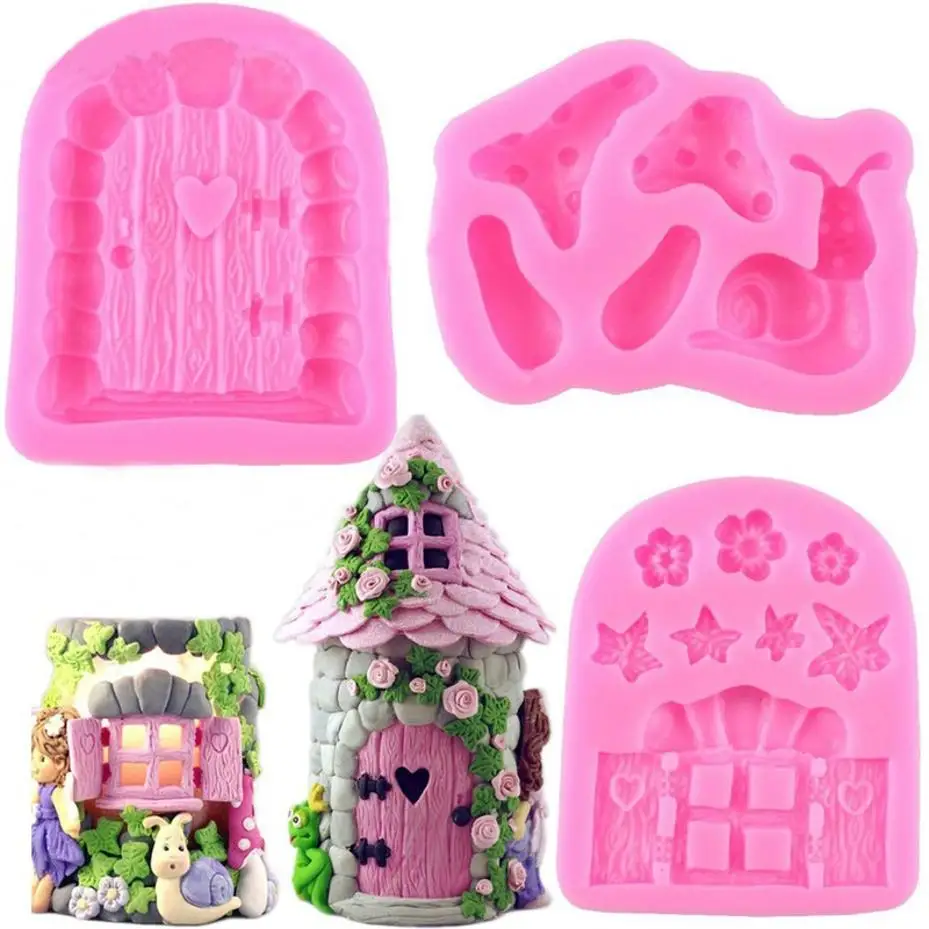 1 Pcs Fairy Tale Door Combination Of Snail Mushroom Sugar Cake Silicone Mold Chocolate Mold Cake Decoration