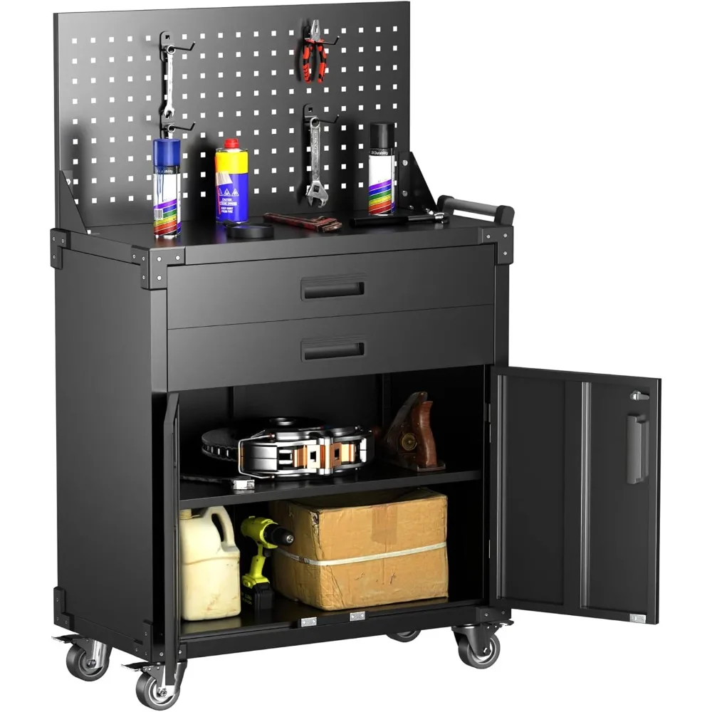 31.5" H Workbench Mobile Tool Cart,Garage Workbench with 4 Wheels,Metal Storage Cabinet with 2 Drawers&2 Doors