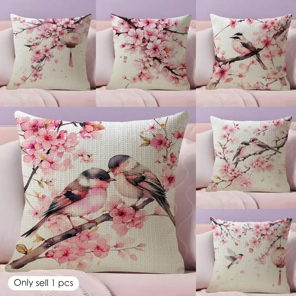 Japanese Cherry Cushion Cover Natural Linen Pillow Case Double-Sided Print Decorative Sofa Pillowcase Home Decor Gift