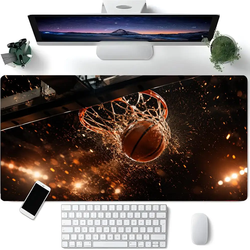 Cool Night Stadium Lighting Basketball Net Shooting Moment Extended Mouse Pad, Wear Resistant Non Slip Base